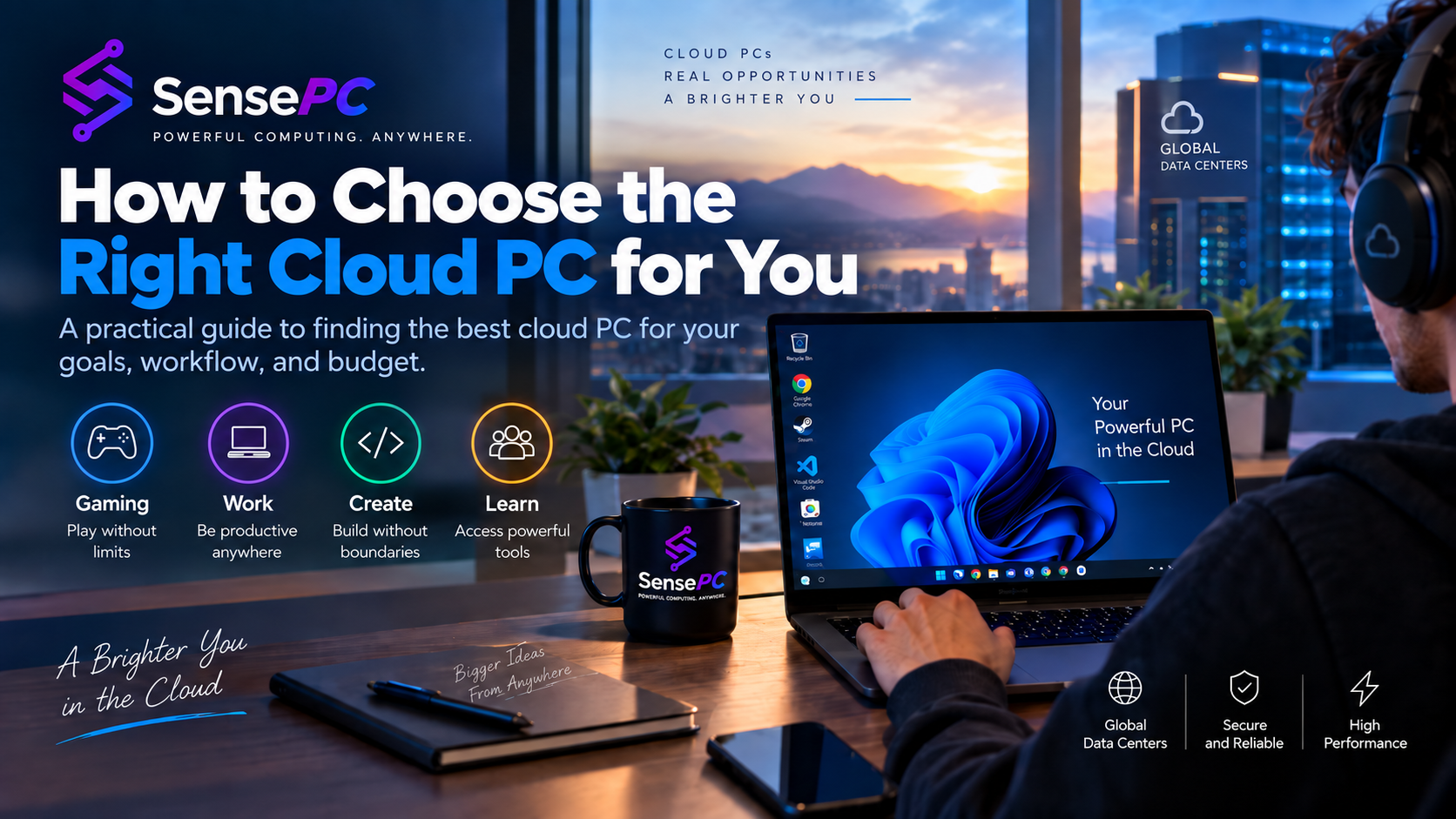 SensePC cloud PC connected to persistent SSD storage showing files remaining available while cloud compute is stopped