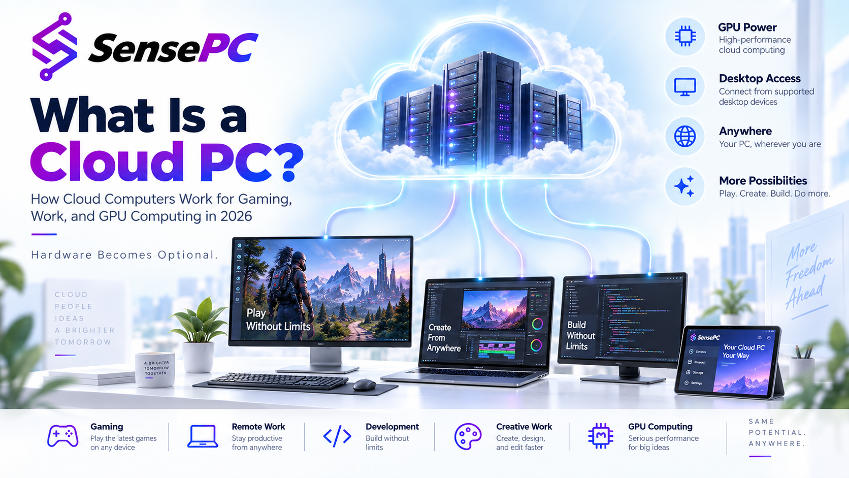 A bright SensePC illustration showing a cloud data center connected to multiple devices for gaming, remote work, development, creative work, and GPU computing.